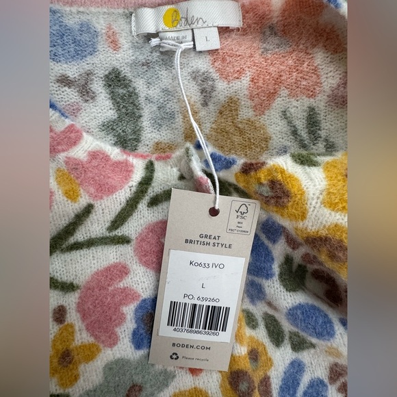 NWT Boden Wool Alpaca Floral Puff Sleeve Button Up Cardigan Sweater Size Large - Picture 9 of 12